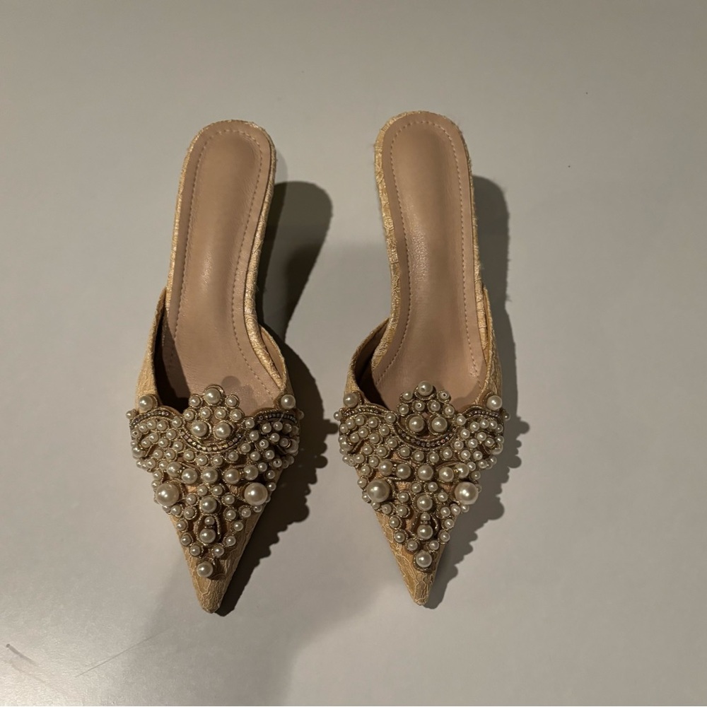 Elegant Pearl Embellished Tan Mules